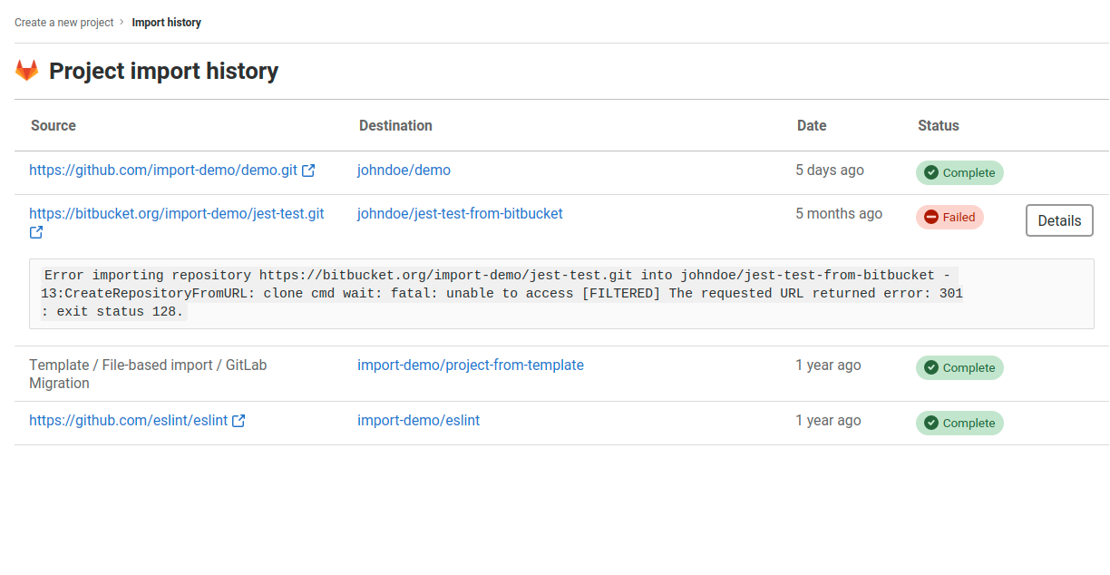 Project import history page