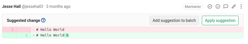 Add a suggestion to a batch A code change suggestion displayed, with the add-suggestion option highlighted.