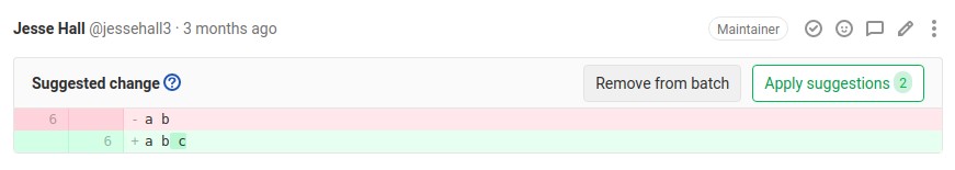 Remove a suggestion from a batch A code change suggestion displayed, with the option to remove that suggestion from its batch highlighted.